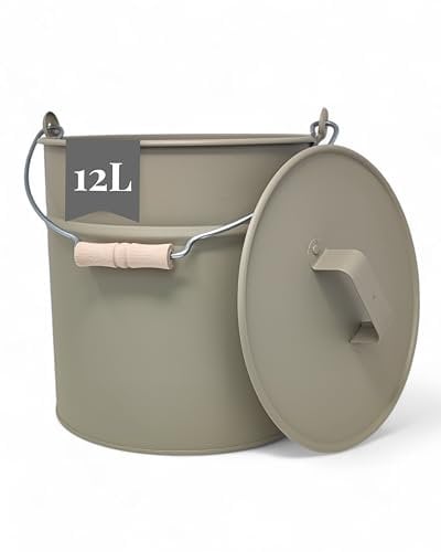 LIVLIG Cubo con tapa de 12 L, de zinc, cubo de cenizas con tapa, cubo de metal, accesorios para chimenea, cubo de chapa, verde