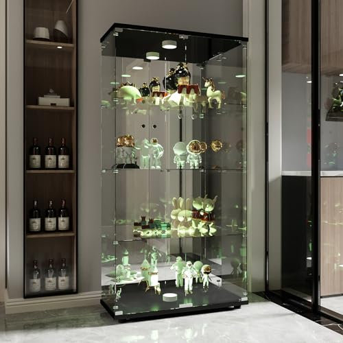 Vitrine en Verre avec LED et Miroir, Vitrine sur Pied en Verre avec 2 Porte 4 étagères Transparent Meuble VITrine de Collection Armoire Salon (4 Couches 2 Porte LED+Miroir, Noir)