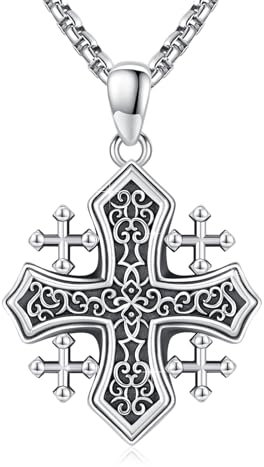 YueYuan Jerusalem Kreuz Halskette 925 Sterling Silber Kreuzritter Jerusalem Kreuz Anhänger Templer Kreuz Halskette Religiöser Schmuck für Männer Frauen