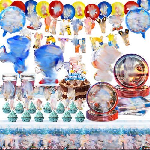 88PCS Son-i Birthday Decorations, Party Decorations with Plates Cups and Napkins Balloon Banner, Tableware Party Supplies for 10 Guests