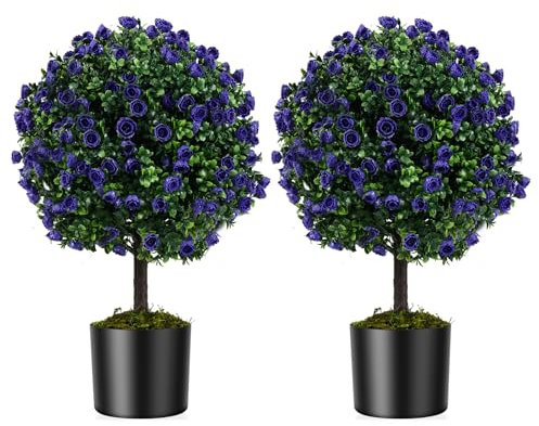 COSTWAY Set di 2 Alberi di Topiario Artificiale con Rose Viola, Albero di Bosso Finto da 55 cm con Vaso Riempito di Cemento, Pianta Finta Resistente al Sole per Interni ed Esterni