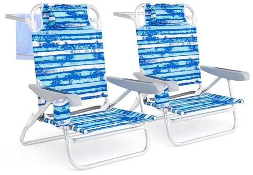 FANTASK 2-TLG Strandstühle klappbar, Campingstuhl 5-stufig verstellbare Rückenlehne, Klappstühle mit Verstellbarer Rückenlehne, Kopfstütze, Getränkehalter & Handtuchhalter, bis 150 kg belastbar, Blau