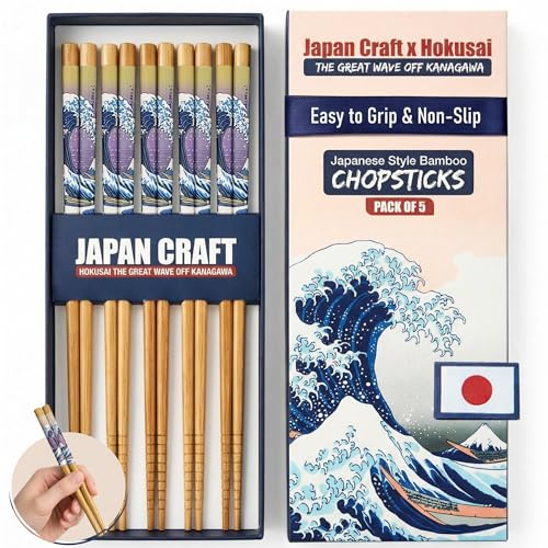 Baguettes Japonaises en Bambou – Design La Grande Vague Inspiré de Katsushika Hokusai – Baguettes Réutilisables Alimentaires pour Sushi, Ramen et Cuisine Asiatique du Quotidien – Lot de 5 Paires