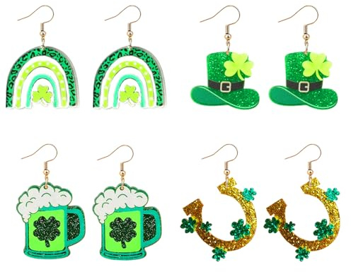 RUHSNJK 4 Pairs St Patricks Day Accessories- 925 Silver Hook Shamrock Earrings for Women Girls- Irish Clover, Rainbow, Beer, Horseshoe Dangle Eardrops for St Patricks Day Outfits
