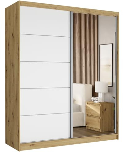 Easy4You Krudox Artisan/Weiß 180 cm Schiebetürenschrank Kleiderschrank mit Spiegel Schlafzimmermöbel Mehrzweckschrank mit Kleiderstange Schrank für das Schlafzimmer