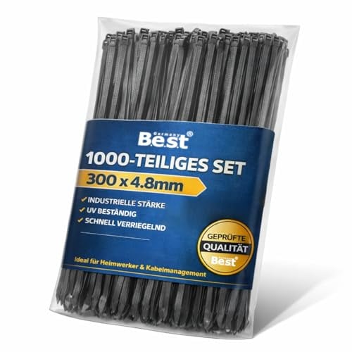 Fascette stringicavo nero, 1000 pezzi, 4,8 x 300 mm, resistenti agli strappi, resistenti e robuste, fascette in plastica resistente ai raggi UV, fascette di fissaggio, supporto per cavi