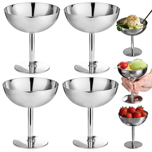 4 Pezzi Coppette Gelato in Acciaio Inox 200 ml, Ciotole per Dessert con Piede Ø 10 cm, Riutilizzabili per Gelato, Yogurt, Budino, Macedonia e Dolci - Argento