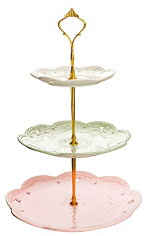 MALACASA Soporte de la Torta, Puesto de Servicio, Porcelana de 3 Pisos Redondo Placa Coloreado, Series Sweet.Time