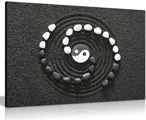 Japanese Zen Ying Yang Stones Black & White Canvas Wall Art Picture Print (30x20)