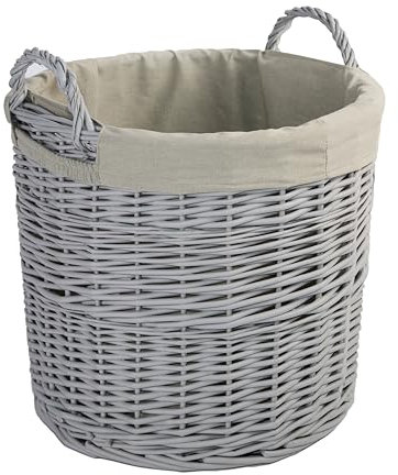 Wickerfield Grey Round Wicker Laundry Basket with Lining, Large Storage Basket with Handle, Home Storage for Washing, Toys, Nursery (Large)
