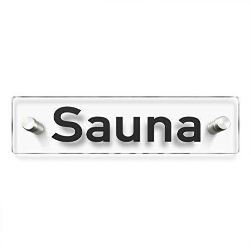 Türschilder24 Wandschild/Türschild • Sauna • 200 x 50mm. Schild besteht aus hochtransparentem 3mm Acrylglas. Inkl. 2 x Abstandshalter aus V2A Edelstahl