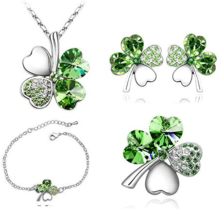 SwirlColor Damen Schmuck Kristall 4 Blättriges Kleeblatt Kette Vier Armband Glücksklee Brosche Neuheit Shamrock Ohrringe, Shamrock Schmuck Set für Mutter Tochter Freundin Frau 4pcs/Satz (Grün)
