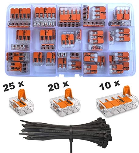 Wago Klemmen 55 Stück Set Sortiment 25x 221-412 | 20x 221-413 | 10x 221-415, Bundle mit intervisio Kabelbinder 80mm