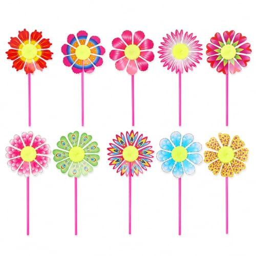 Uteruik 10 Stück PVC Garten Windräder, 36,5 cm Outdoor Blumen Windmühlen, 17 cm Blumendurchmesser, Zufallsstil für Balkon