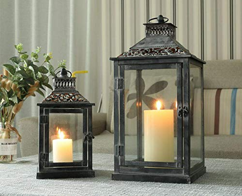 JHY DESIGN Set de 2 faroles metálicos Colgantes, faroles con 2 Velas, candelabros de jardín para Exteriores, Interiores, Patio, jardín, terraza, Bodas, Funeral, salón, (Pincel Gris)