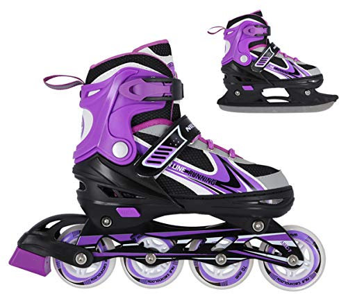 Nils Extreme Inline Skates 2in1 - Schlittschuhe Kinder - Inliner für Kinder und Erwachsene - ACEB7-Lager - Eislaufschuhe Kinder – Verstellbare 34-38 - Violett und Schwarz - NH18188A