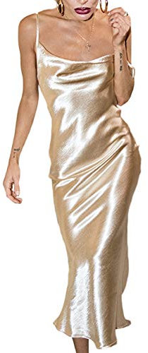 xxxiticat Women's Sleeveless Spaghetti Strap Satin Dress Cocktail Beach Evening Party Cowl Neck Back Tie Up Maxi Dresses, Gold, M