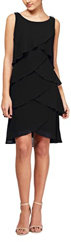 S.L. Fashions Women's Chiffon Tiered Cocktail Dress, Summer, Perfect for Casual & Formal Occasions (Petite and Regular Sizes), Black Tulip, 12