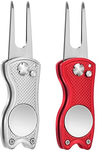 Mile High Life All Metal Foldable Golf Divot Tool with Magnetic Ball Marker & Club Groove Cleaner with Brush and Retractable Extension Cord Combo Set (2 Pack Multi-Colors)