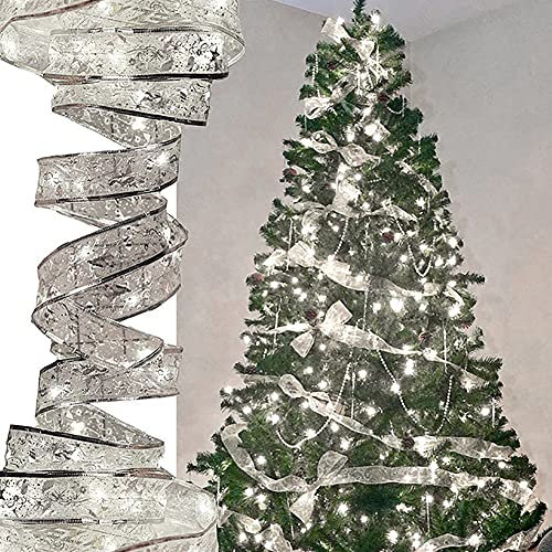 Glitterstar 40 LED Ribbon Shape Fairy Lights 13ft Silver Ribbons for Christmas Party Xmas Tree Decoration Home Garden Decor Lamp Wedding Festival Stage Ambience Lights, Battery Operated, White Light