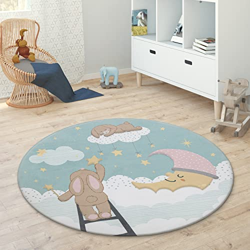 Paco Home Kinderteppich Teppich Rund Kinderzimmer Spielmatte Babymatte rutschfest Stern Mond Elefant Regenbogen, Grösse:Ø 150 cm Rund, Farbe:Türkis