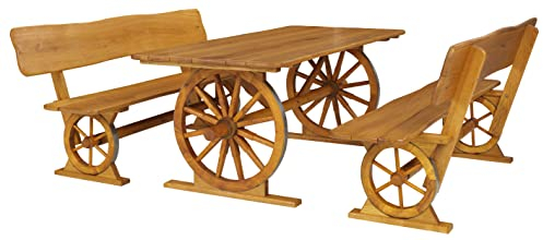 Aresso Gartenmöbel-Set „Kutsche“ in Country-&-Western-Style, aus deutschem Eichenholz, Gartengarnitur 1 x Tisch + 2 x Sitzbänke mit Rückenlehne, mit Metallbeschlägen, vollständig montiert