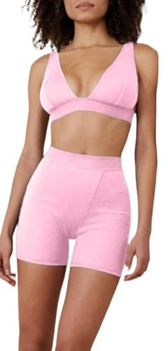Ducomi Kye Ensemble de gym pour femme – Set de fitness, yoga, Pilates femme – Basic Lounge Ensemble côtelé composé de shorts cyclistes et soutien-gorge décolleté, léger et respirant, rose, XL