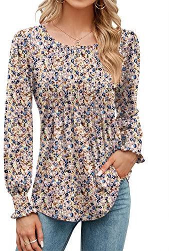 Rapbin Women's Long Sleeve T Shirt Pleated Tunic Tops Blouses Loose O Neck Ladies Printed Pleated Tunic Shirts Pink Print XXL