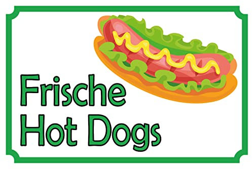 DekoDrom® Blechschild 20x30 cm Frische Hot dogs Würstchen Imbiss Snack Ketchup Senf Brötchen Tafel Wand Deko Bar Kneipe Cafe Sammler Geschenk