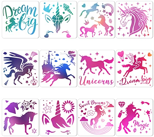 JSRQT 12 Stück DIY Schablonen Einhorn, Unicorn Painting Stencils Journal Vorlagen, Wiederverwendbar Schablonen Set Stencils für Kinder, Kunststoff Stencils Art für Scrapbooking (20X20cm)