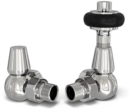 UK Radiators Chrome Thermostatic Radiator Valve and Corner Lockshield Valve - Polished Chrome Finish - Traditional Design 1/2 x 15mm Wooden Head Radiator Valve