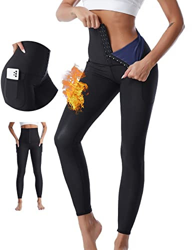 Merlvida Pantalon de Sudation Femmes avec Poches Sauna Legging Anti Cellulite Legging de Sport à Taille Haute Accélérer Transpiration Pantalon Minceur Effet Sauna pour Minceur Fitness Jogging Yoga