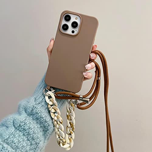 Rokmym Coque pour iPhone 13 avec Cordon Collier pour Étui Colliers de cellulaire Corde Coque avec Bracelet Lanyard Antichoc en Souple Silicone TPU Silicone Bumper Coque pour iPhone 13, Brun