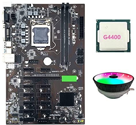 Azwamkue Carte mère B250 BTC avec processeur G4400 + ventilateur de refroidissement RVB 12X fente pour carte graphique LGA 1151 DDR4 pour mineur BTC