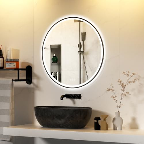furduzz Runder LED-Badezimmerspiegel mit schwarzem Rahmen, 500 mm Kosmetikspiegel mit Beleuchtung, beleuchteter Wandspiegel mit Antibeschlag, Memory-Funktion, 3 Farben, dimmbar, bruchsicher