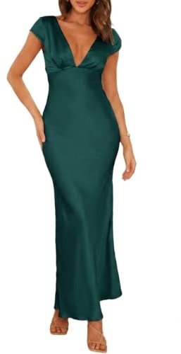 Halfisland - Vestido Largo de satén para Mujer, de Verano, Escote en V, Manga Casquillo, Espalda Descubierta, Elegante, Maxi, drapeado, Largo Midi, para invitada de Boda | Verano 2026, sin espalda, hueco, largo, formal, cóctel, torcido, dama de honor, fiesta, baby shower, manga corta, playa
