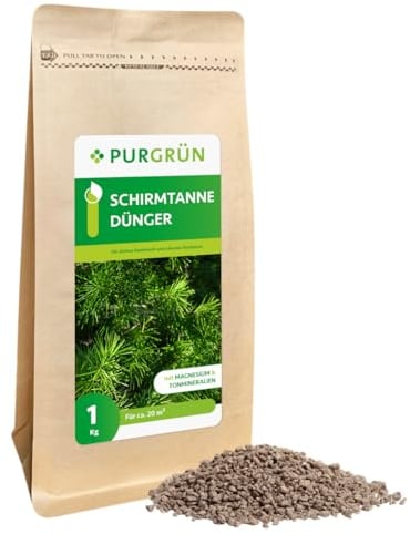 Purgrün® Schirmtanne-Dünger 1 kg – Leuchtend grüne Nadeln dank extra Magnesium – Verbessert die Bodenqualität mit Tonmineralien – Ergiebiges Krümelgranulat für ca 5-6 Schirmtannen – chloridarm