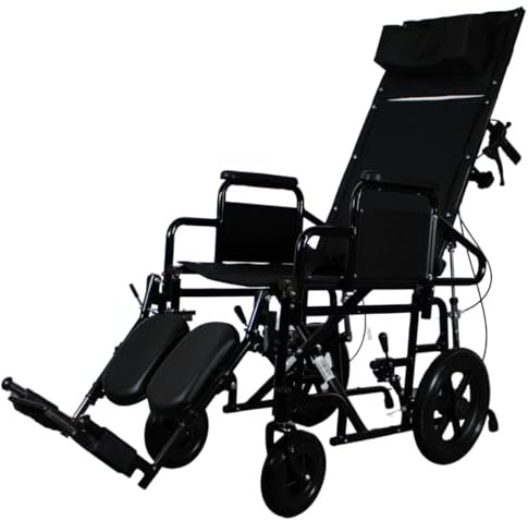 Reclining High Back Folding Transit Wheelchair with Head Support, U-GO Serenity Recliner Attendant Propelled Wheelchair with Headrest & Elevating Leg Rests, Recline up to 170°, Seat Width (16)