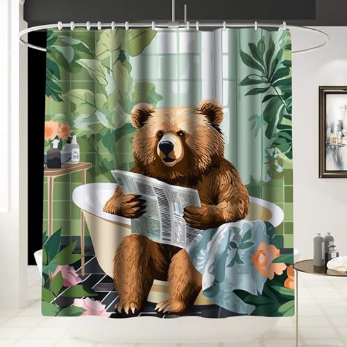 Duschvorhang mit lustigem Tier-Dekor, Cartoon-Bär, Zeitung, tropische grüne Pflanzen, Kunstwerk, Vorhang für Badezimmer/Waschraum, mit 12 Haken, wasserdicht, Boho-Geschenk für Männer/Mädchen/Frauen