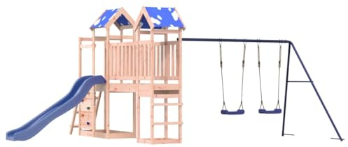 vidaXL Spielturm, Klettergerüst mit Dach Schaukeln Leiter Rutsche Brücke, Kinder Kletterturm Spiel-Zubehör für Garten, Holz Spielplatz Spielhaus, Massivholz Douglasie