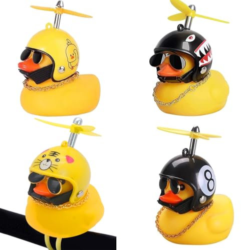 INHEMING 4 Stück Gelbe Ente Auto Ornament, Ente mit Helm ,Ente Fahrrad Bell ,Gelb Ente mit Propeller ,für Auto, Büro, Schlafzimmer