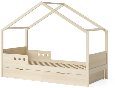 Bellabino Bela Kinderbett 90x200 cm – Hausbett mit Rausfallschutz & Lattenrost – Kinder Bett mit großer Schublade für Jungen und Mädchen aus Holz – Montessori Kinderhausbett in Natur