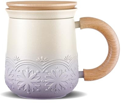 ZENS Tea Mug with Infuser and Lid for Loose Leaf Tea Steeper, 11 oz Embossed Ceramic Tea Cup with Strainers for Tea Steeper, Wood Handle Gradient Tea Cup for Daughter, Collector's Mug Gifts