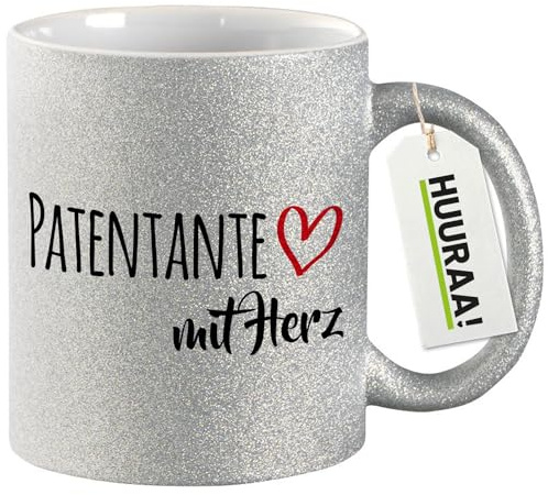 Huuraa Glitzertasse Patentante mit Herz Geschenk | Motivtasse 330ml Glitzer Tasse mit Spruch Silber Keramik Kaffeebecher Geschenkidee Silver Glitter Becher mit Motiv