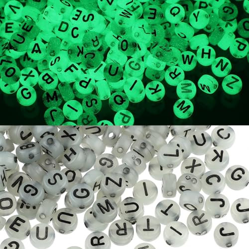 1000 Stück Nachtleuchtende Buchstabenperlen Weiß A-Z Buchstabenperlen 7 mm Acrylperlen Perlen zum Auffädeln für Armbänder Halsketten Schmuck DIY Herstellung Style12