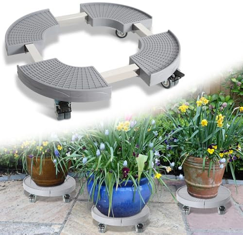 Tubiaz Pflanzenroller Rund, Rolluntersetzer Tragkraft 200KG, Einstellbar Ø38CM bis 54CM, Blumenroller mit 360°Drehbare Feststellrad, Blumentopf für den Innen- und Außenbereich, Wetterfest Grau
