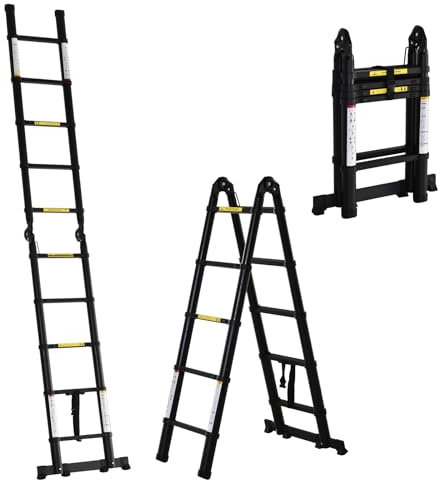 DURHAND Scala Telescopica Pieghevole da 10 Gradini per Interni ed Esterni, Scala Allungabile in Alluminio e Metallo, 320x67x7 cm, Nero