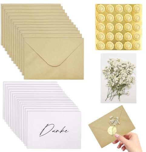 BEELUKY Dankeskarten Set 25 Stück - 15x10cm Karte Danke mit 25 Gold-Siegel Aufklebern, 25 Kraftpapier Briefumschlägen & 25 Trockenblumen Karten Danke Kartenfür Hochzeit, Geburtstag, Familie, Kollegen