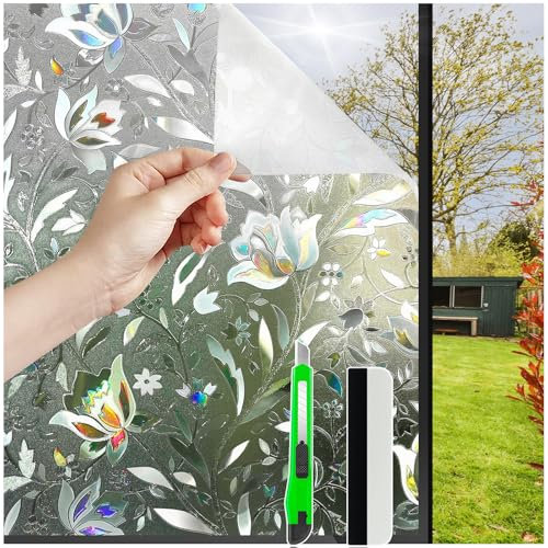 HONLONE Fensterfolie Bunt, 44,5x200cm Milchglasfolie Selbstklebend Fenster Blumen Tulpe, Sichtschutzfolie Fenster Innen 3D Regenbogen Folie Fenster ichtschutz, Fensterfolie Blickdicht Anti UV