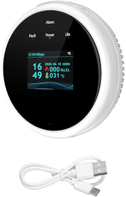 Hanzete Detector de fugas de gas WiFi para el hogar, alarma de gas para el hogar, alimentado por USB, monitor de aplicación Tuya, visualización de reloj despertador de temperatura, para el hogar,
